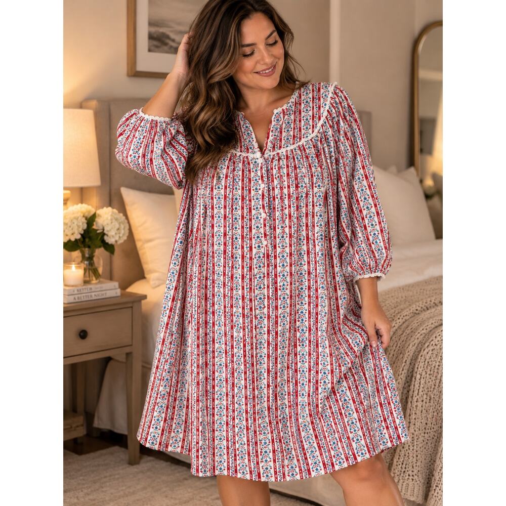 Lanz of Salzburg Flannel Small Red Floral Stripe Prairie Nightgown Ruffle Trim